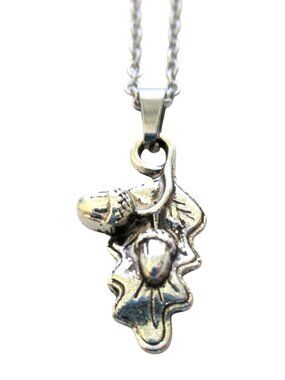 New Acorn on Oak Leaf Pendant Necklace with 18" Stainless Chain Nature Jewelry